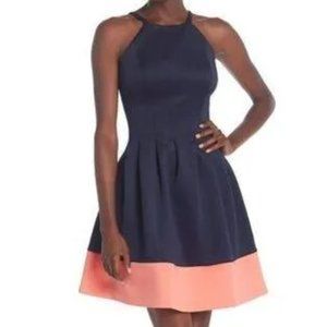Vince Camuto Navy and Coral Halter Neck Fit And Flare Scuba Dress With Pockets